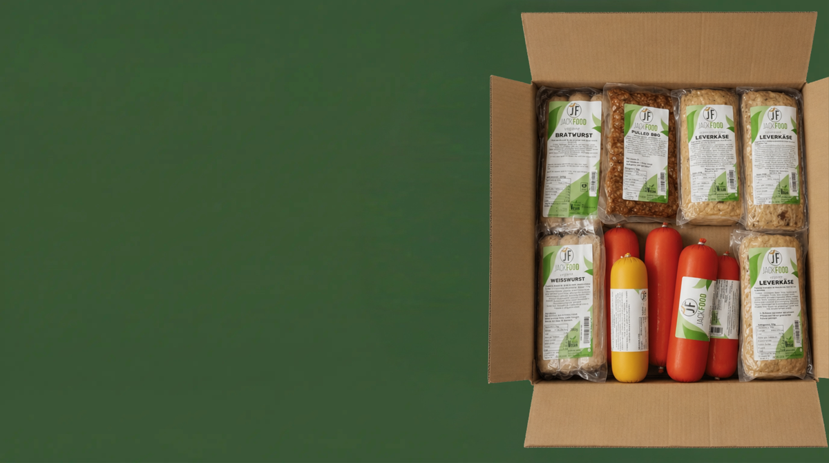 Bannerbild der veganen Box, gefüllt mit verschiedenen Vleisch- und Vurstwaren.