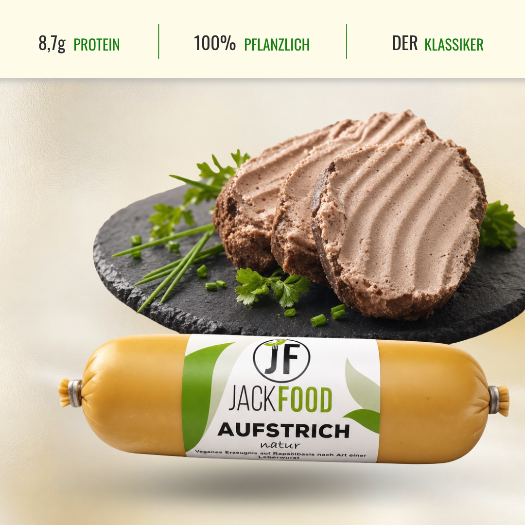 Im Headerbereich sind die Angaben zum Proteingehalt, 100% pflanzlich und einen usp Punkt. Im Bild im oberen Bereich ist der vegane Brotaufstrich auf eine Scheibe Brot gestrichen und darunter das Produkt in seiner Originalverpackung.