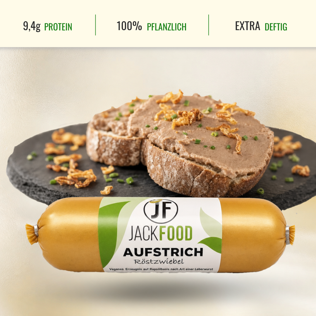 Im Headerbereich sind die Angaben zum Proteingehalt, 100% pflanzlich und einen usp Punkt. Im Bild im oberen Bereich ist der vegane Brotaufstrich mit Röstzwiebel auf eine Scheibe Brot gestrichen und darunter das Produkt in seiner Originalverpackung.