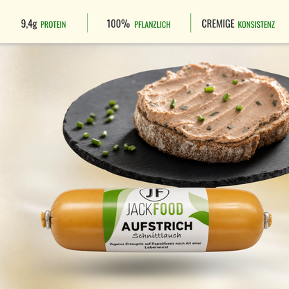 Im Headerbereich sind die Angaben zum Proteingehalt, 100% pflanzlich und einen usp Punkt. Im Bild im oberen Bereich ist der vegane Brotaufstrich mit Schnittlauch auf eine Scheibe Brot gestrichen und darunter das Produkt in seiner Originalverpackung.