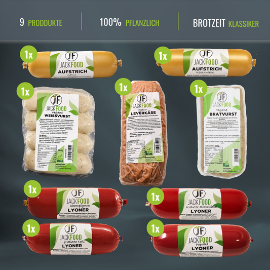 Das vegane Brotzeit Paket von JackFood bestehend aus 9 Produkten. 4 Sorten Lyoner, 2 Sorten Aufstrich, 1 gebackener Leberkäs Natur, Weißwürste und Bratwürste.