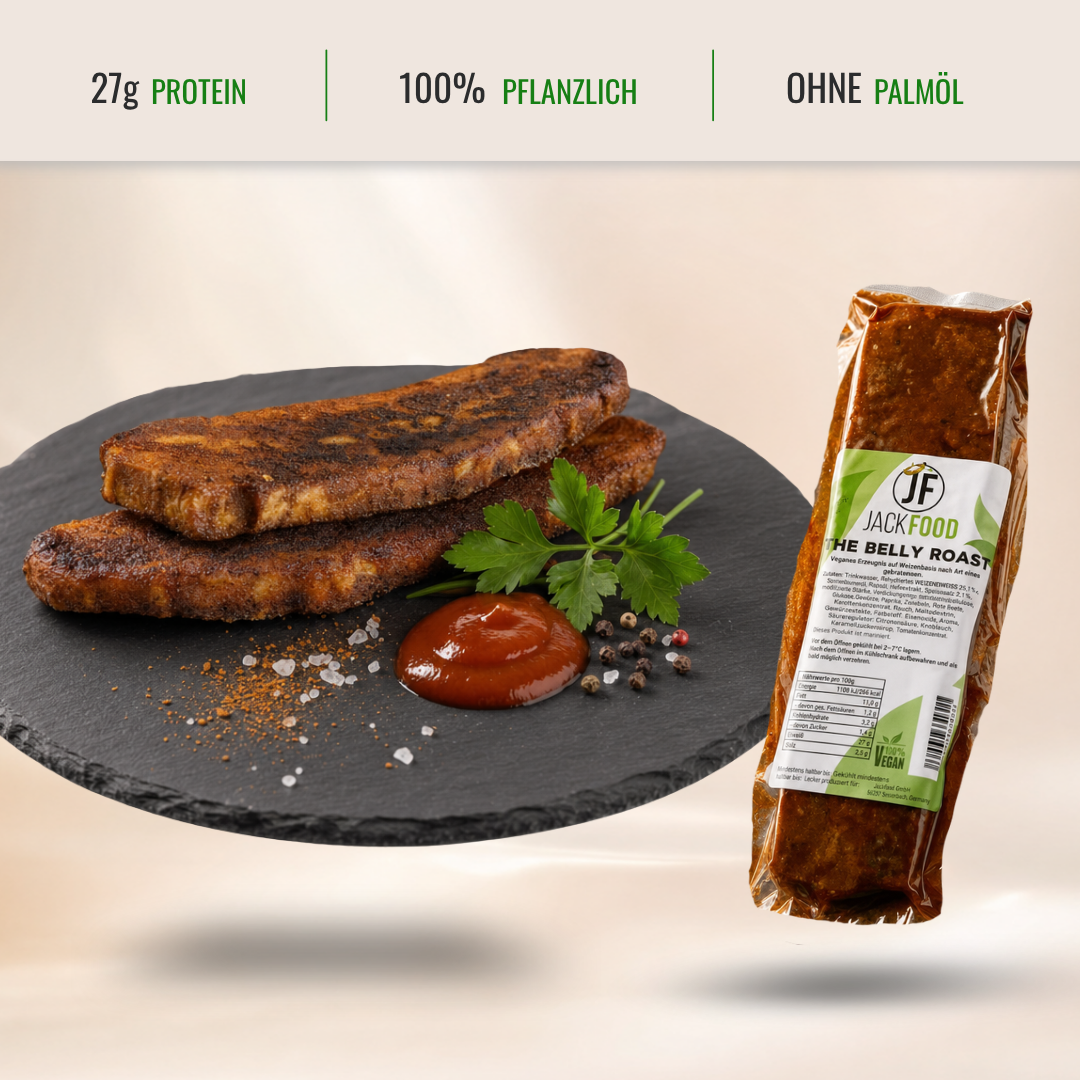Im Headerbereich sind die Angaben zum Proteingehalt, 100% pflanzlich und einen usp Punkt. Im Bild ist auf der linken Seite das fertige vegane Grillbauch Produkt und auf der rechten Bildhälfte das Produkt in seiner Originalverpackung.