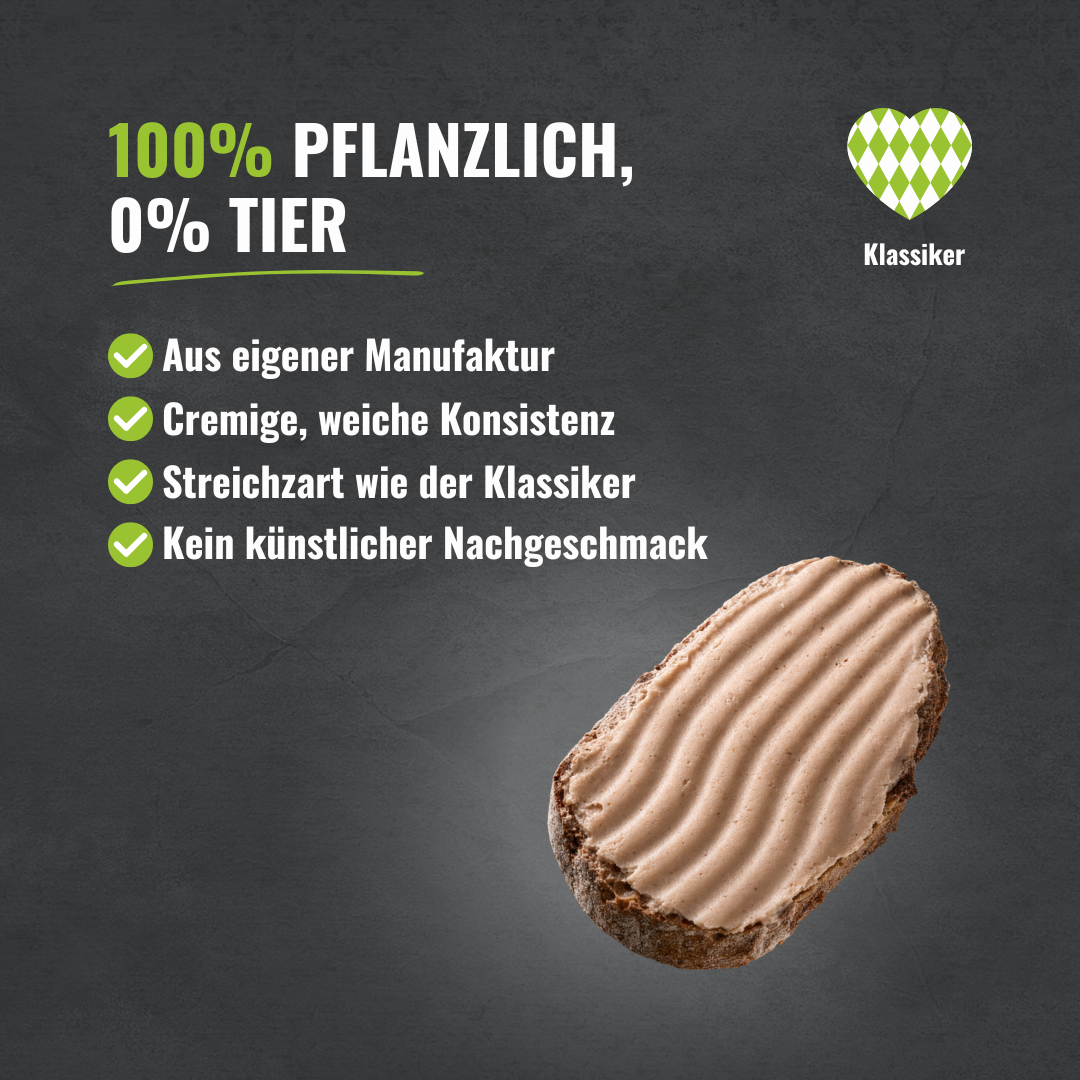 Vier Aufzählungspunkte mit den Highlights passend zum Produkt. In der rechten unteren Ecke ist der pflanzliche Brotaufstrich.
