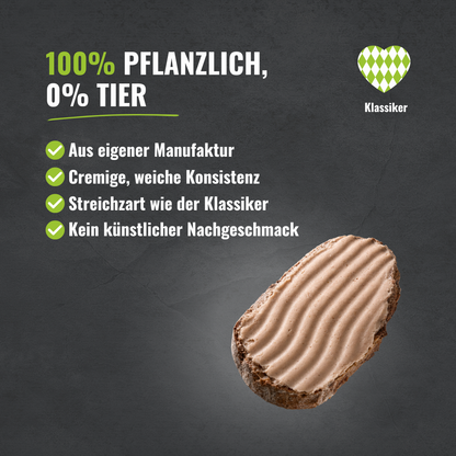 Vier Aufzählungspunkte mit den Highlights passend zum Produkt. In der rechten unteren Ecke ist der pflanzliche Brotaufstrich.