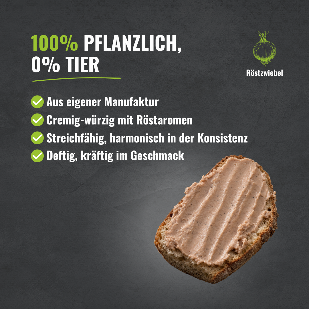 Vier Aufzählungspunkte mit den Highlights passend zum Produkt. In der rechten unteren Ecke ist der pflanzliche Brotaufstrich mit Röstzwiebel.
