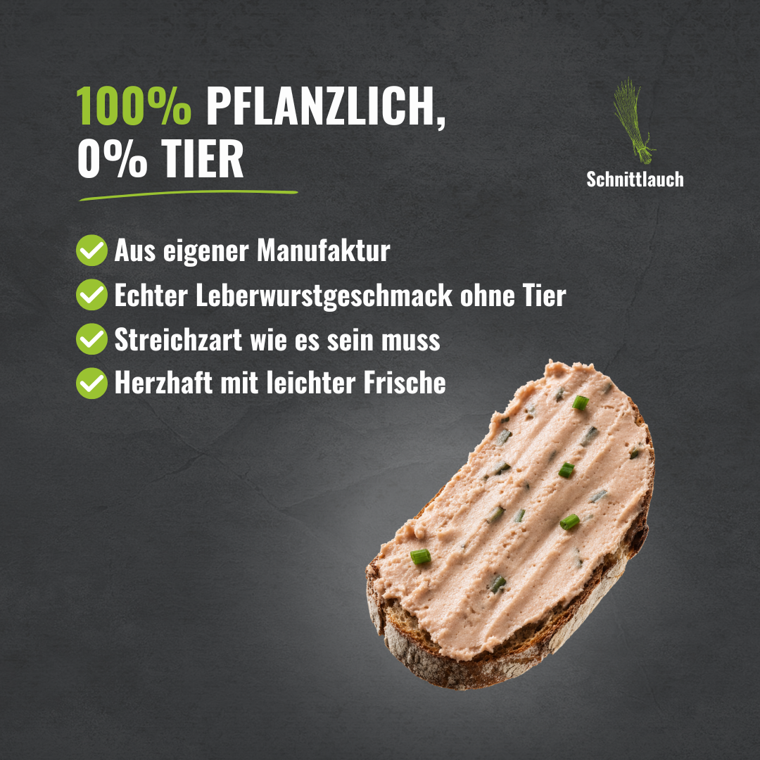 Vier Aufzählungspunkte mit den Highlights passend zum Produkt. In der rechten unteren Ecke ist der pflanzliche Brotaufstrich mit Schnittlauch.