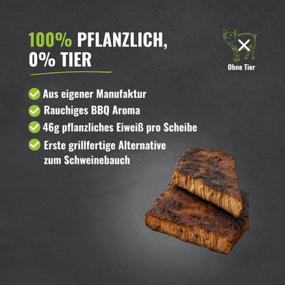 Vier Aufzählungspunkte mit den Highlights passend zum Produkt. In der rechten unteren Ecke ist der pflanzliche Grillbauch.
