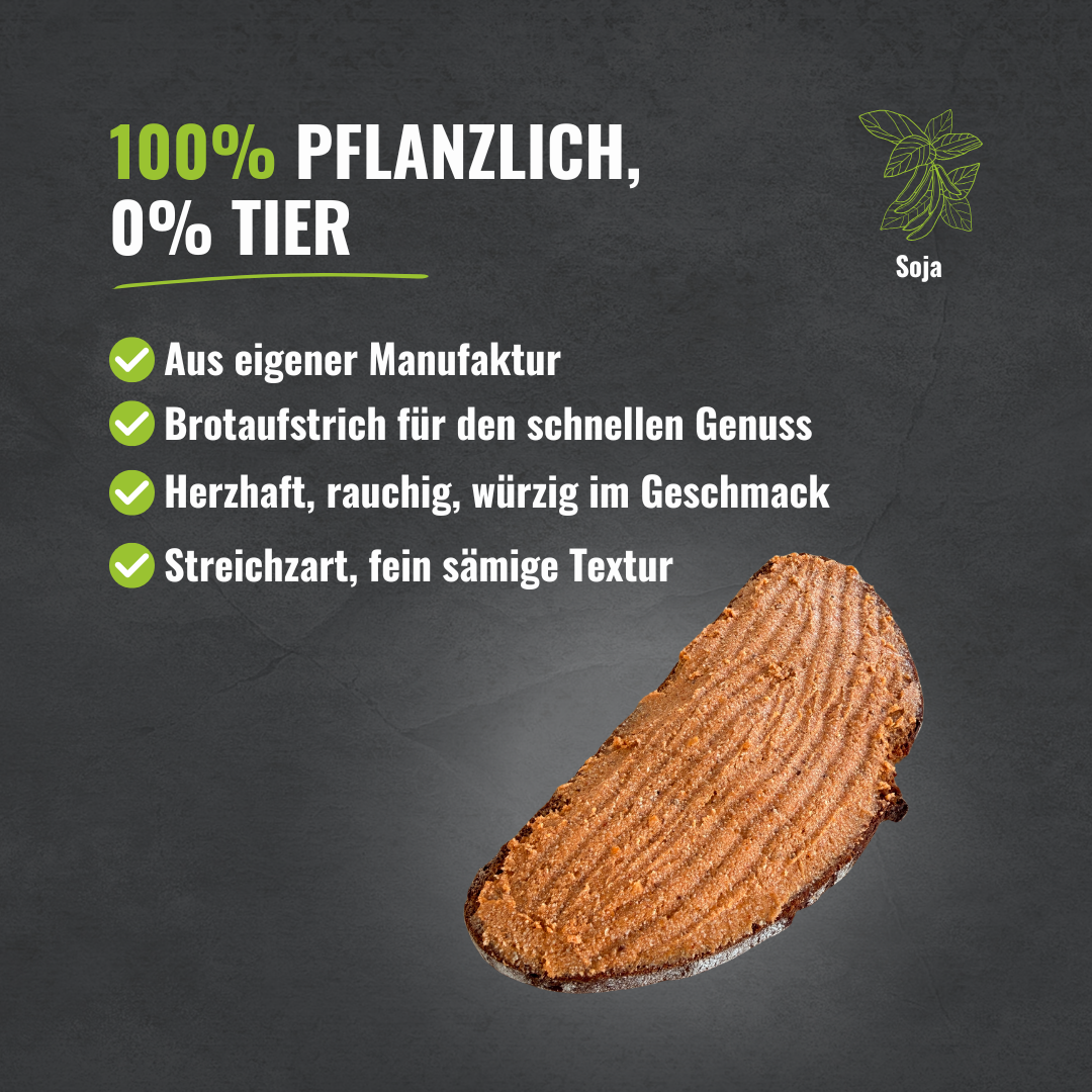 Vier Aufzählungspunkte mit den Highlights passend zum Produkt. In der rechten unteren Ecke ist die pflanzliche Mettwurst auf einer Brotscheibe gestrichen.