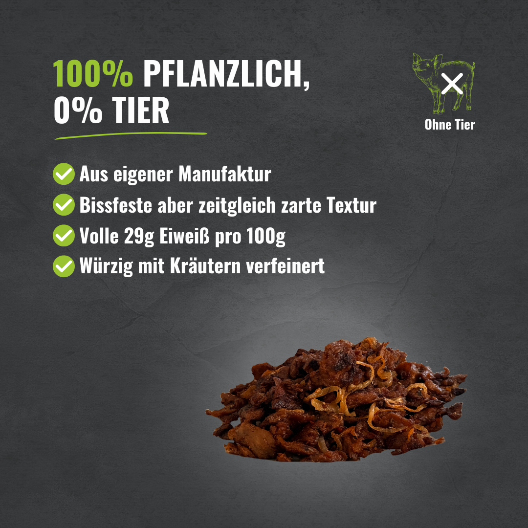 Vier Aufzählungspunkte mit den Highlights passend zum Produkt. In der rechten unteren Ecke ist das pflanzliche Gyros.
