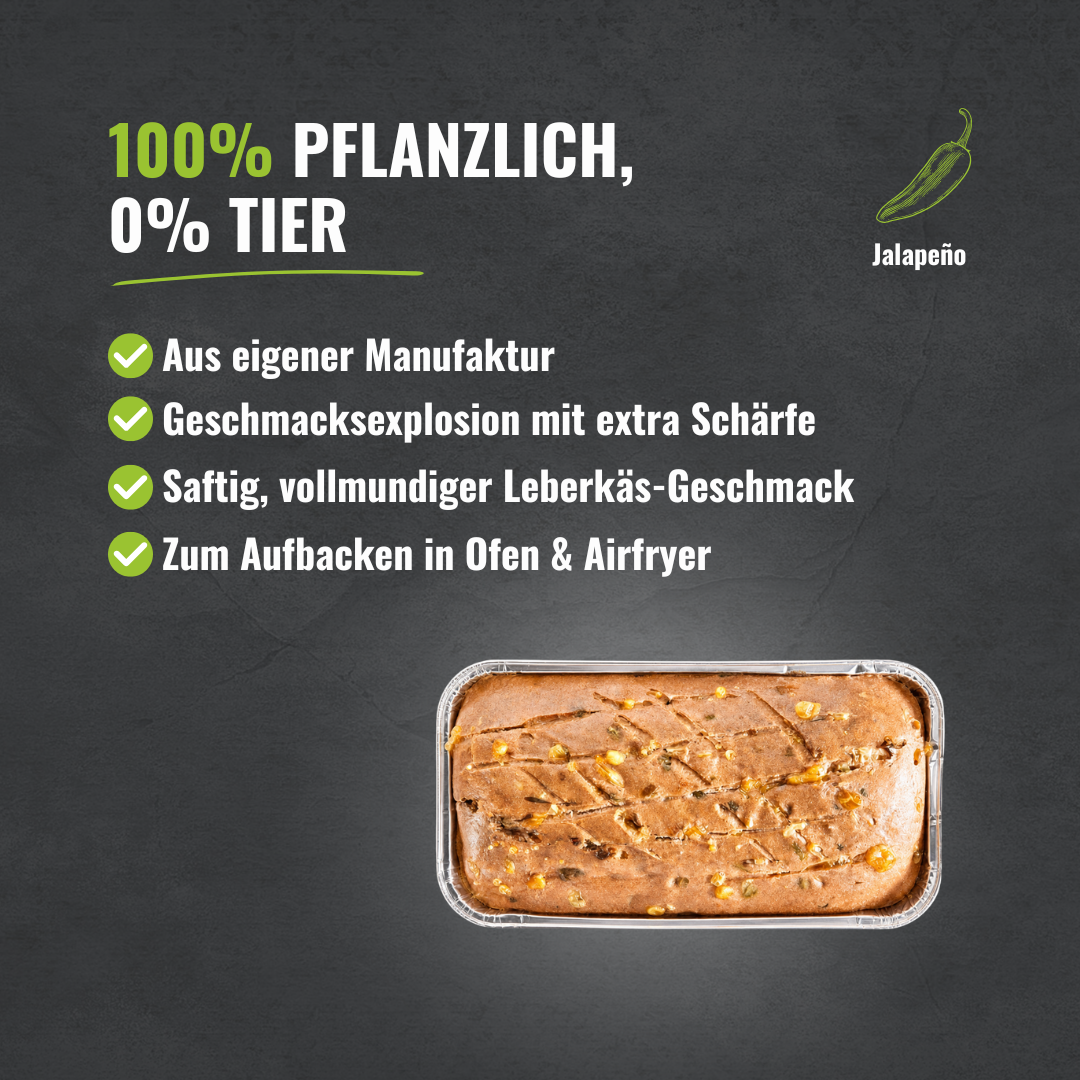 Vier Aufzählungspunkte mit den Highlights passend zum Produkt. In der rechten unteren Ecke ist die pflanzliche Leberkäs Alternative mit Chili Cheese.