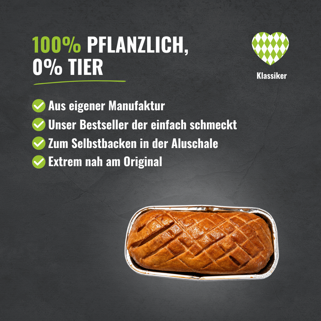 Vier Aufzählungspunkte mit den Highlights passend zum Produkt. In der rechten unteren Ecke ist der pflanzliche Leberkäse in der Aluschale.
