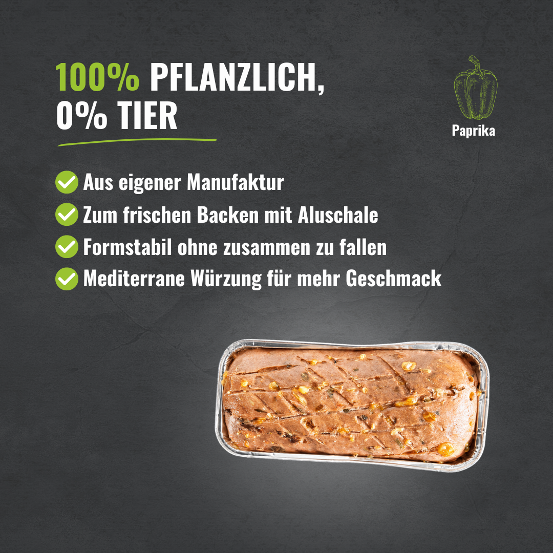 Vier Aufzählungspunkte mit den Highlights passend zum Produkt. In der rechten unteren Ecke ist der pflanzliche Pizza Leberkäse in der Aluschale.