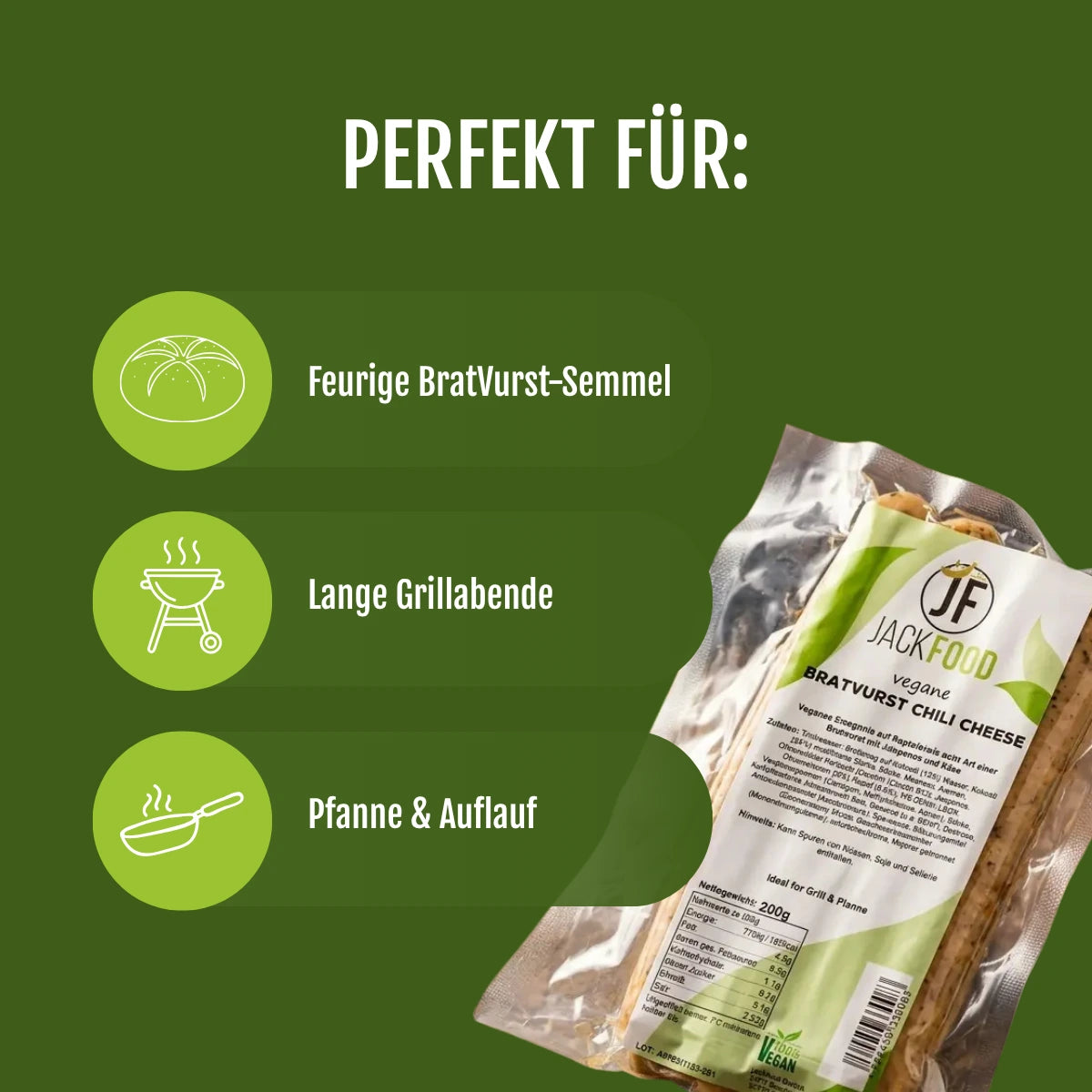 Anwendungsbereiche der der Chili Cheese Wurst zum Braten. Beispielsweise für eine feurige Bratvurst Semmel, lange Grillende oder Pfanne & Auflauf.