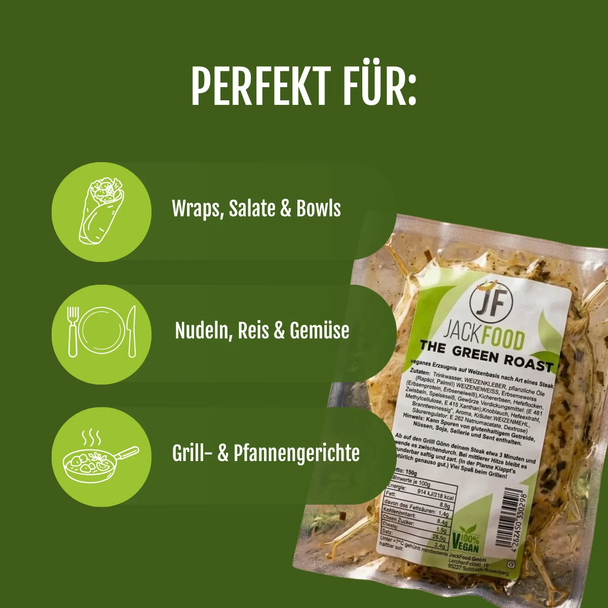 Das vegane Kräuter Steak ist optimal für Traps, Salate & Bowls - Nudeln, Reis & Gemüse - sowie für Grill- und Pfannengerichte.