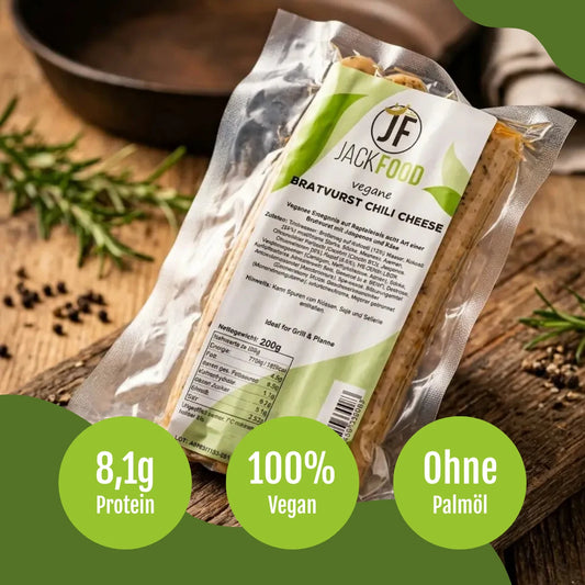 Die vegane Chili Cheese Bratwurst von JackFood im 4er Pack.