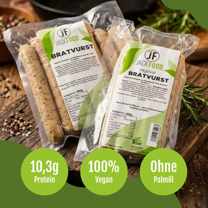 Die pflanzliche Bratwurst Alternative von im 10er und im 4er Pack. Vegane Bratwurst von JackFood .