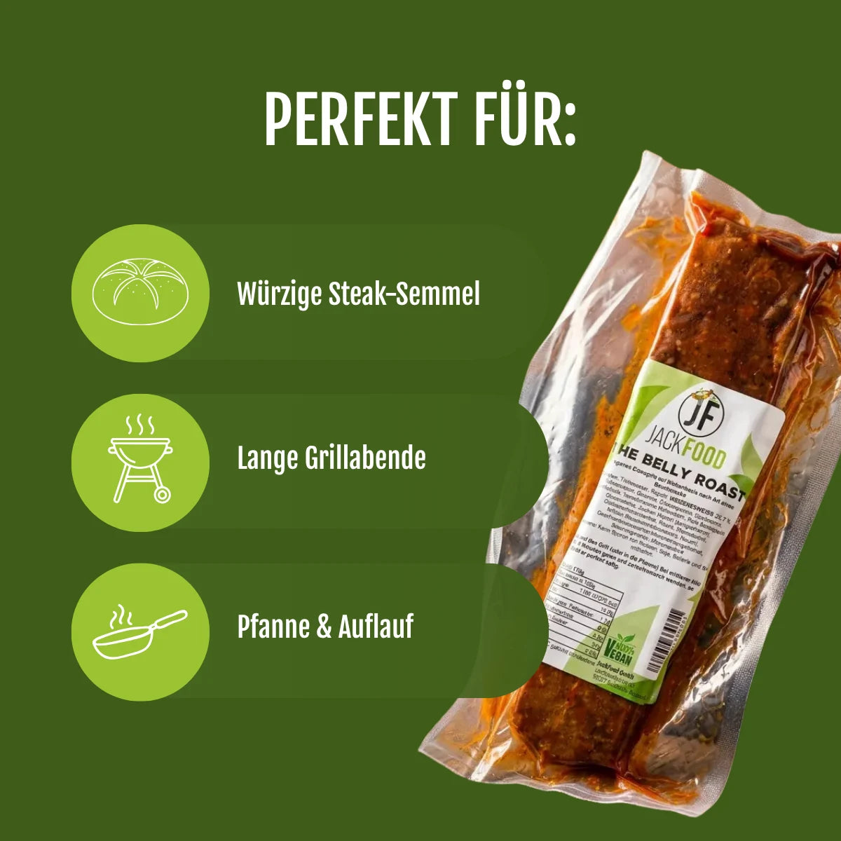 Unser veganer Grillbauch - The Belly Roast mit 3 Punkten für den Verzerr. Als würzige Steak Semmel, für lange Grillende oder in der Pfanne oder Auflauf.