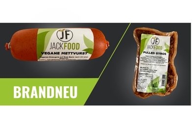 Unsere beiden brandneuen Produkte - die vegane Mettwurst und das vegane pulled Gyros.