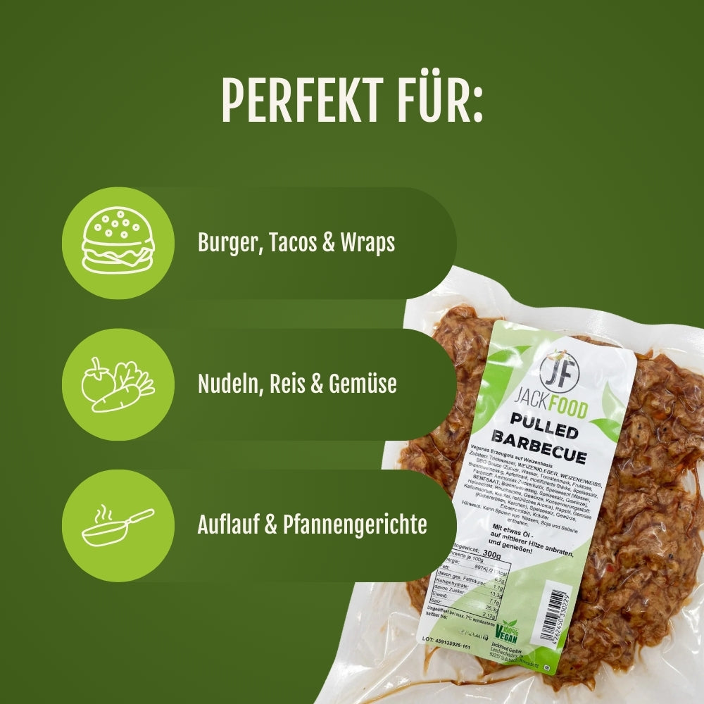 Das Pulled Barbecue eingepackt mit Beispielgerichten.