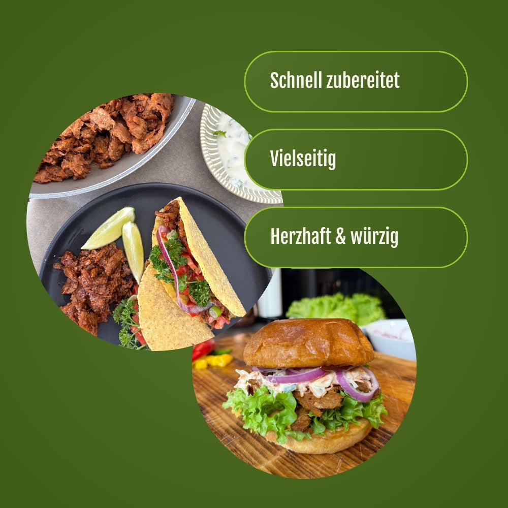 Tacos und ein Pulled Pork Burger aus dem veganen pulled pork von JackFood.