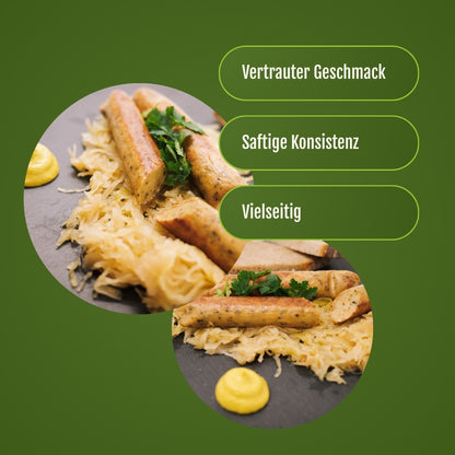 Vegane Bratwürstchen auf Sauerkraut mit einen Klecks Senf.