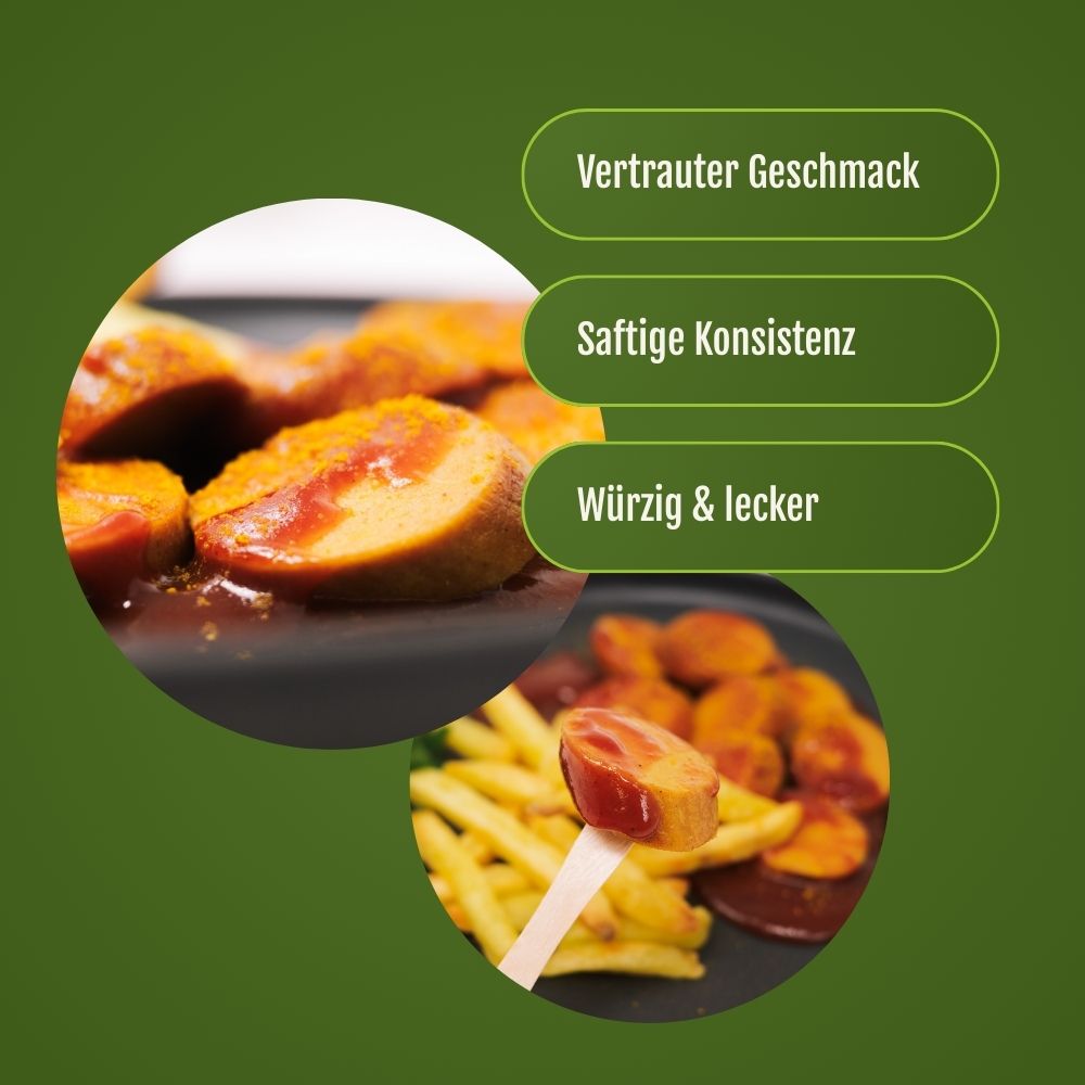 Vegane Currywürstchen in Scheiben geschnitten mit Pommes und Ketchup sowie Currypulver.