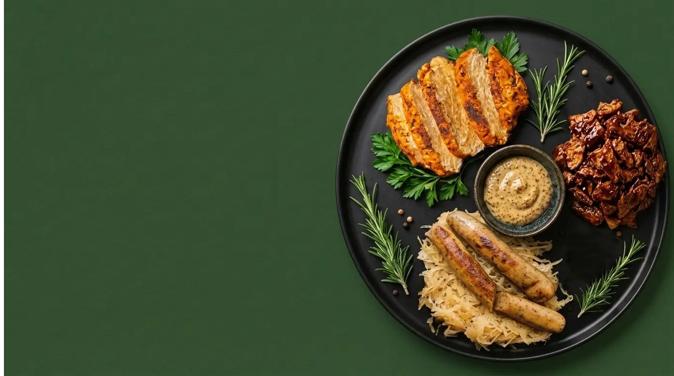 Bannnerbild unserer veganer Grillprodukte zusammengesetzt aus Veganen Paprika Grillsteak und veganer Bratwurst.