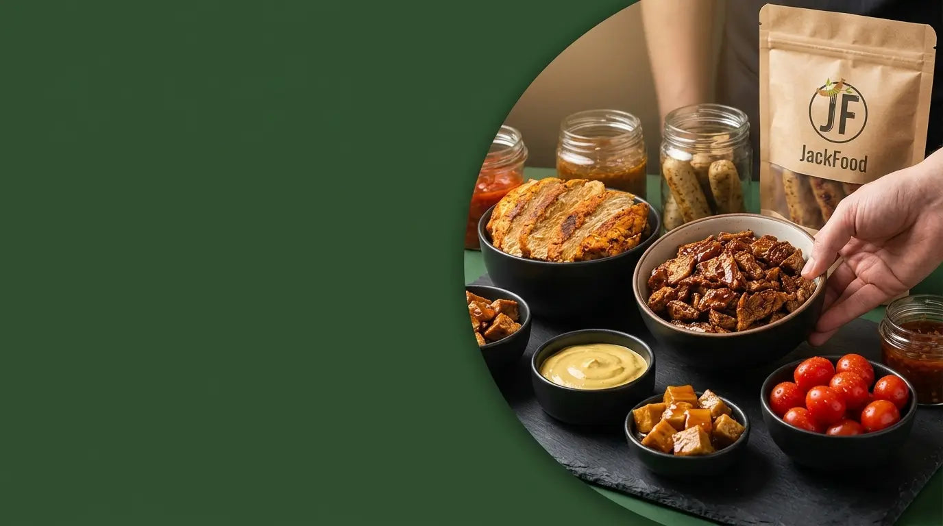 Bannerbild vegane Lebensmittel zusammengesetzt aus Pullet BBQ, Red Roast, Tomaten, Senf und Tofuwürfel.