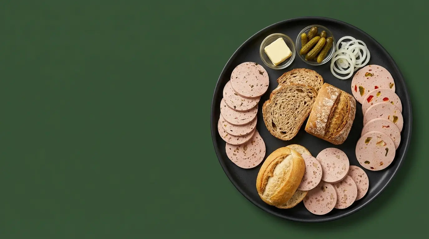 Bannerbild der veganen Lyoner zusammengesetzt aus Natur Lyoner, Paprika Lyoner, Kräuter-Röstzwiebel Lyoner, Champignon Lyoner und Tofu Lyoner.