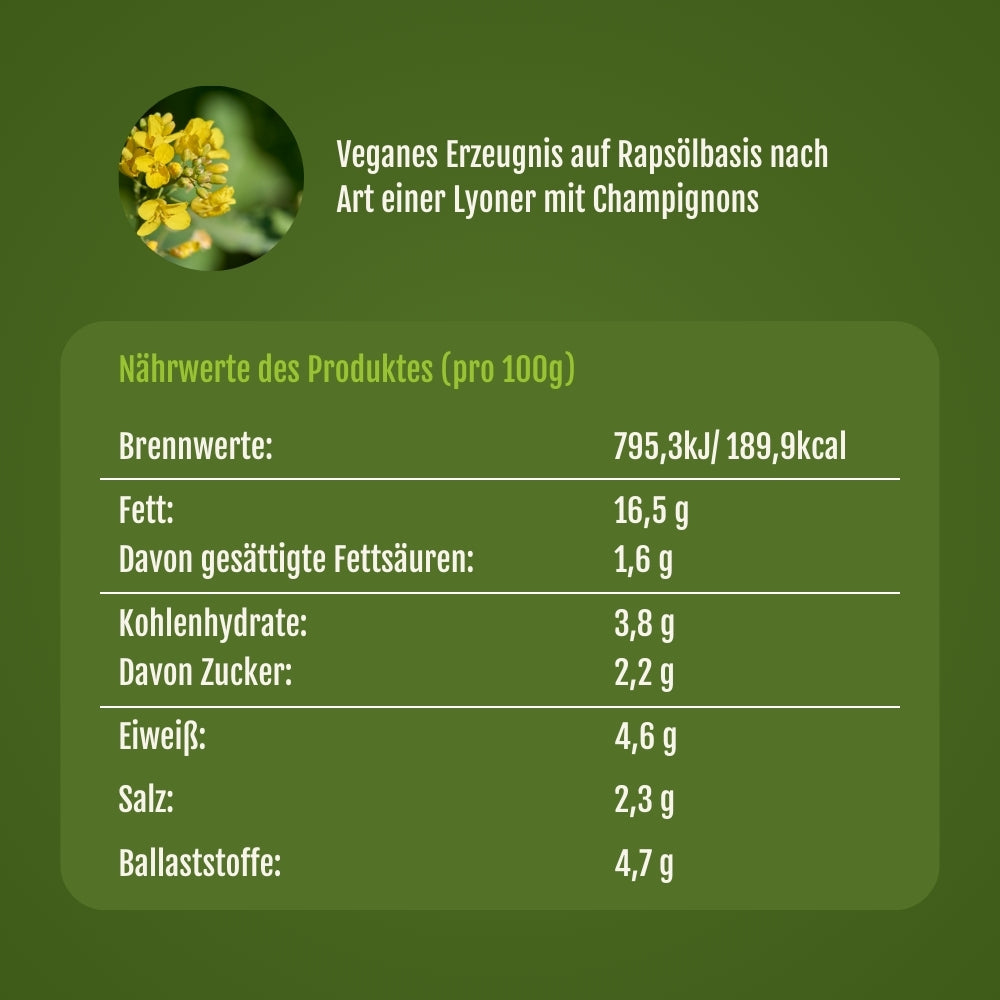 Nährwert Tabelle von der veganen Champignon Lyoner.
