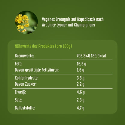Nährwert Tabelle von der veganen Champignon Lyoner.