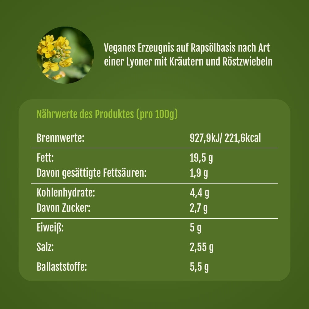 Nährwert Tabelle von der veganen Kräuter Lyoner.