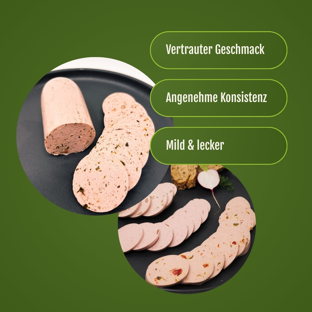 Die vegane Kräuter Lyoner aufgeschnitten und auf einen Teller angerichtet.
