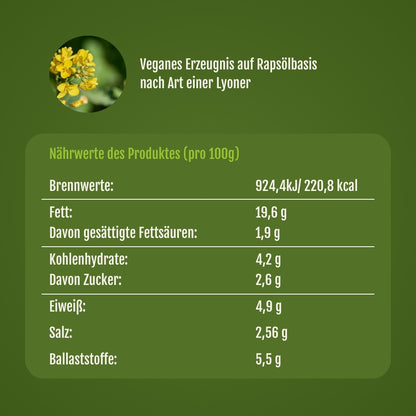 Nährwert Tabelle von der veganen Lyoner.