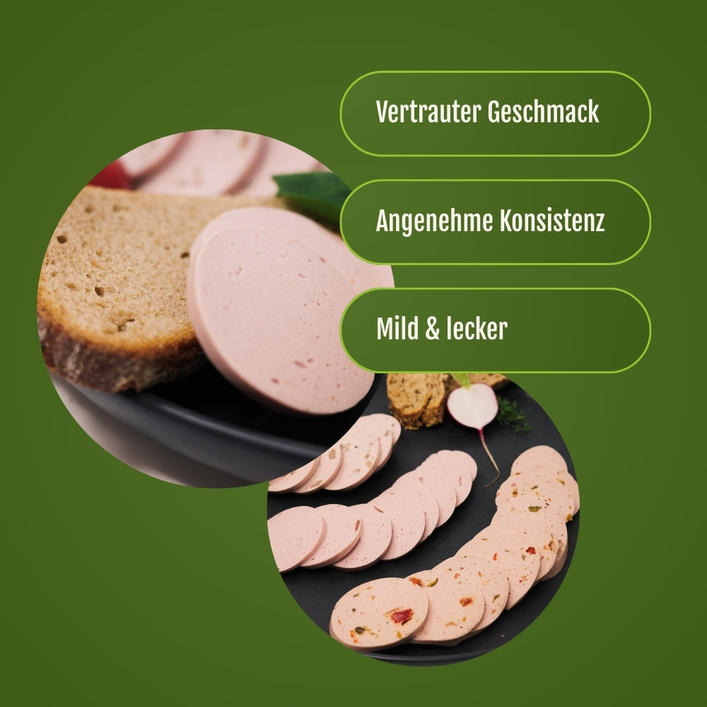 Die vegane Natur Lyoner aufgeschnitten und auf einen Teller angerichtet.