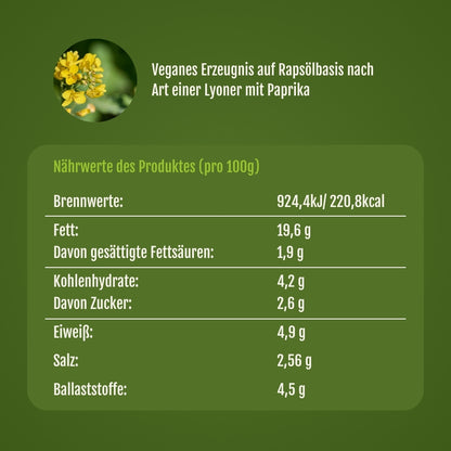 Nährwert Tabelle von der veganen Paprika Lyoner.