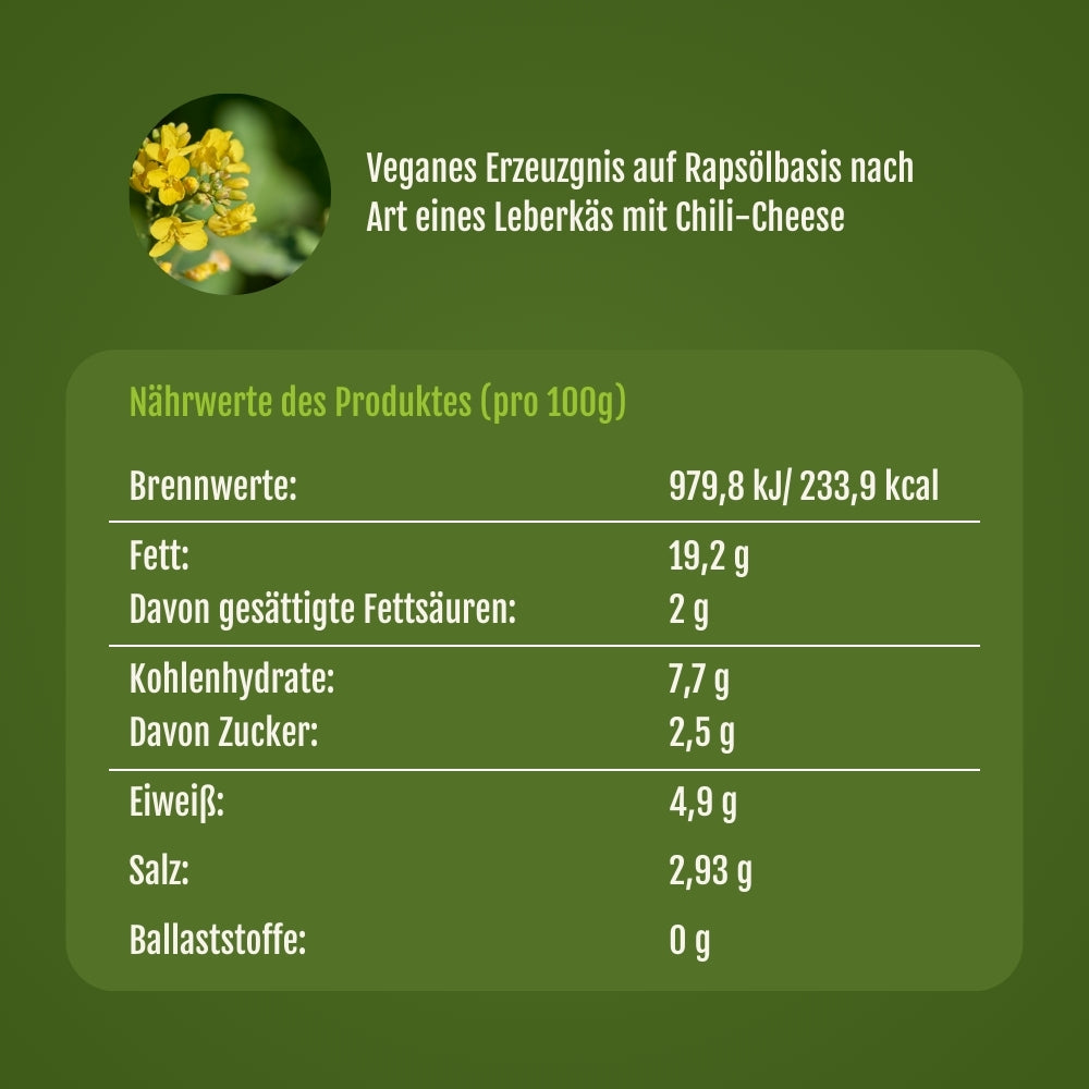 Nährwert Tabelle vom veganen Chili-Cheese Leberkäse zum Aufbacken.