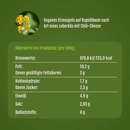 Nährwert Tabelle vom veganen Chili-Cheese Leberkäse zum Aufbacken.