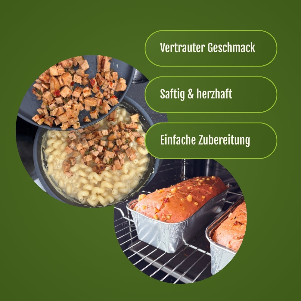 Der vegane Chili-Cheese Leberkäse in einer Aluschale im Backofen und im zweiten Bild gemeinsam mit Nudeln in einer Pfanne.