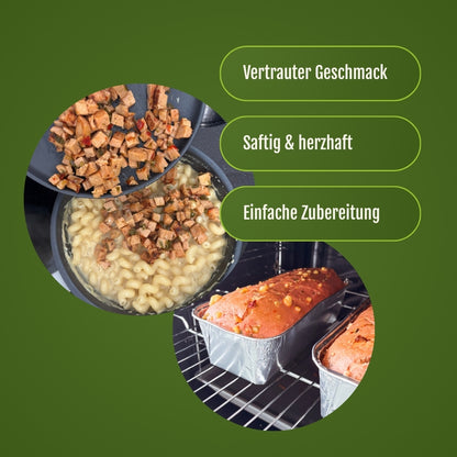 Der vegane Chili-Cheese Leberkäse in einer Aluschale im Backofen und im zweiten Bild gemeinsam mit Nudeln in einer Pfanne.