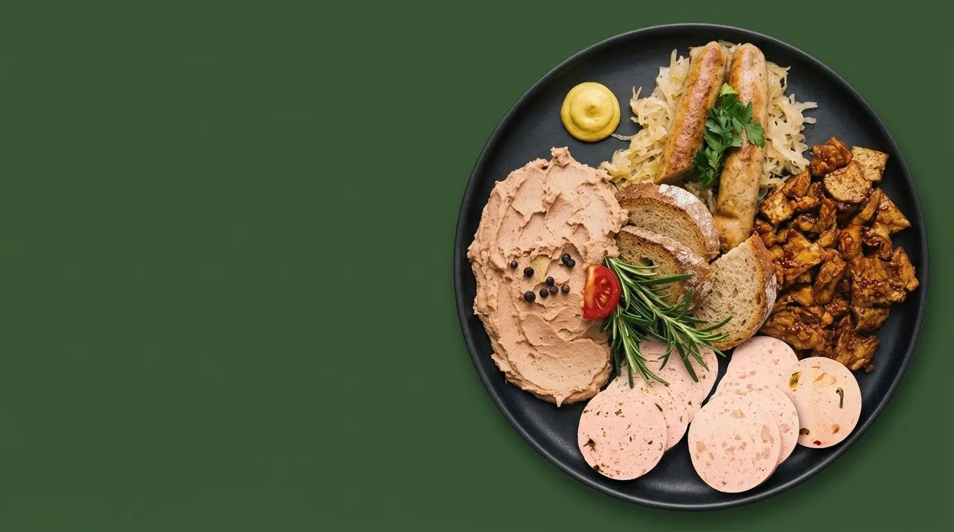 Bannerbild veganer Fleischersatz mit LeVerwurst aufgestrichen auf einem Brot, Bratvurst auf Kraut, Pulled BBQ und zwei Sorten vom veganen Lyoner aufgeschnitten.