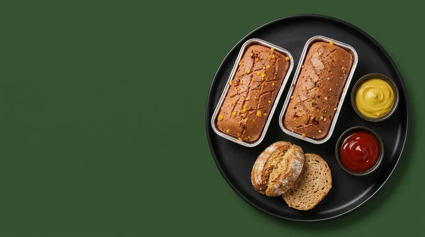 Veganer Leberkäs zum Backen bereits gebacken in Aluschlae auf einen schwarzen Teller gemeinsam mit einen Schälchen Senf und einen Schälchen Ketchup sowie Brötchen.