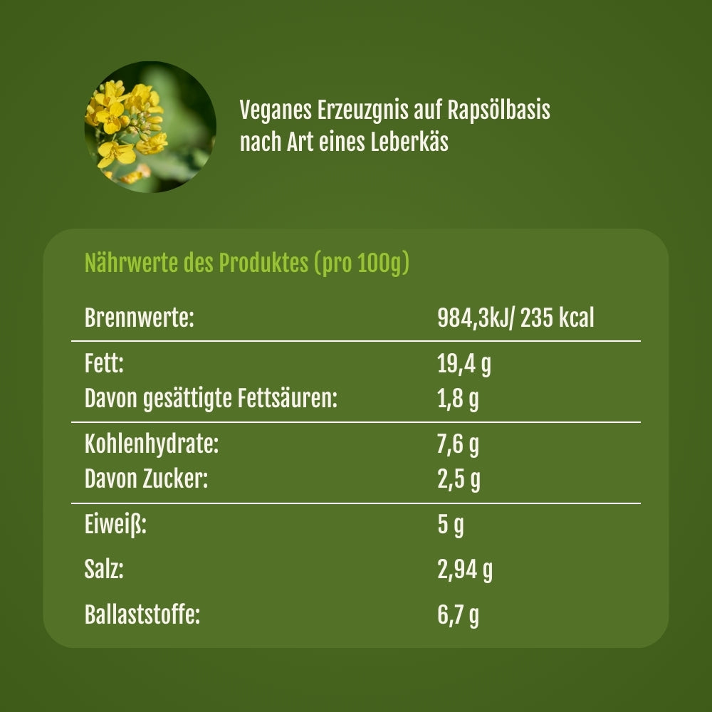 Nährwert Tabelle vom veganen Leberkäse in der gebackenen Variante.