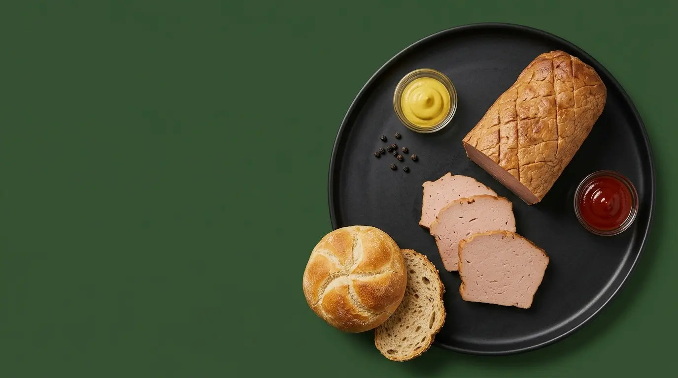 Veganer Leberkäse aufgebacken auf einen Teller mit Senf, Ketchup und Brot sowie Semmel.