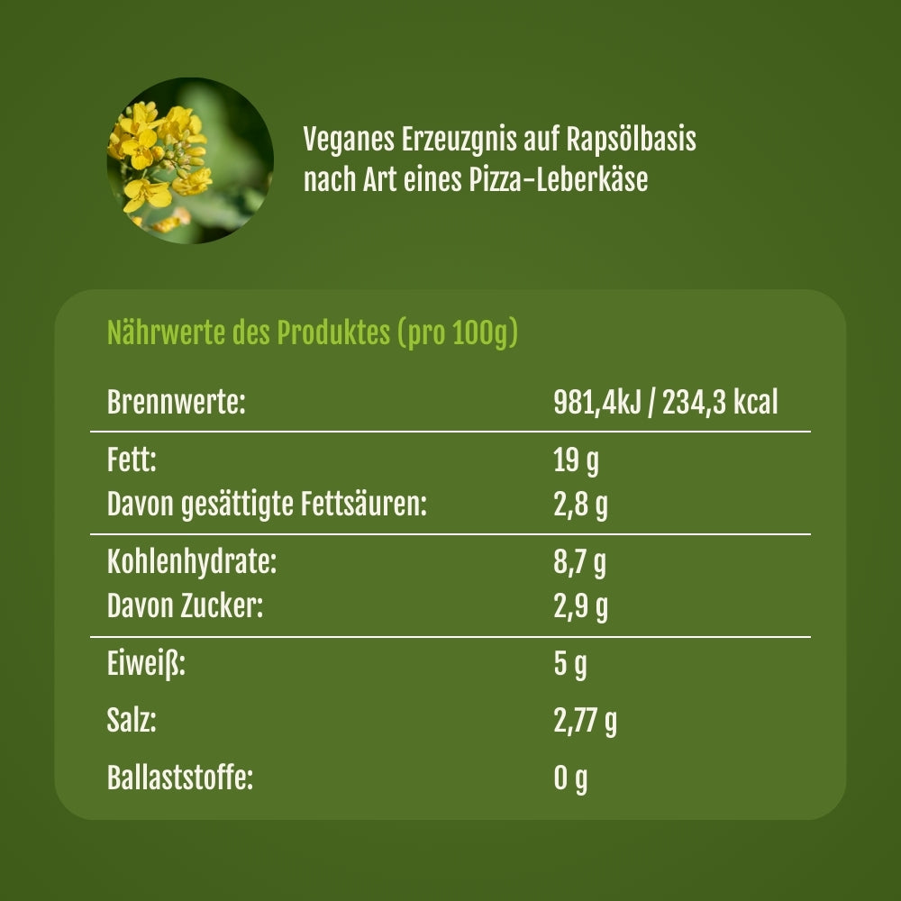 Nährwert Tabelle vom veganen Pizza Leberkäse zum Aufbacken.