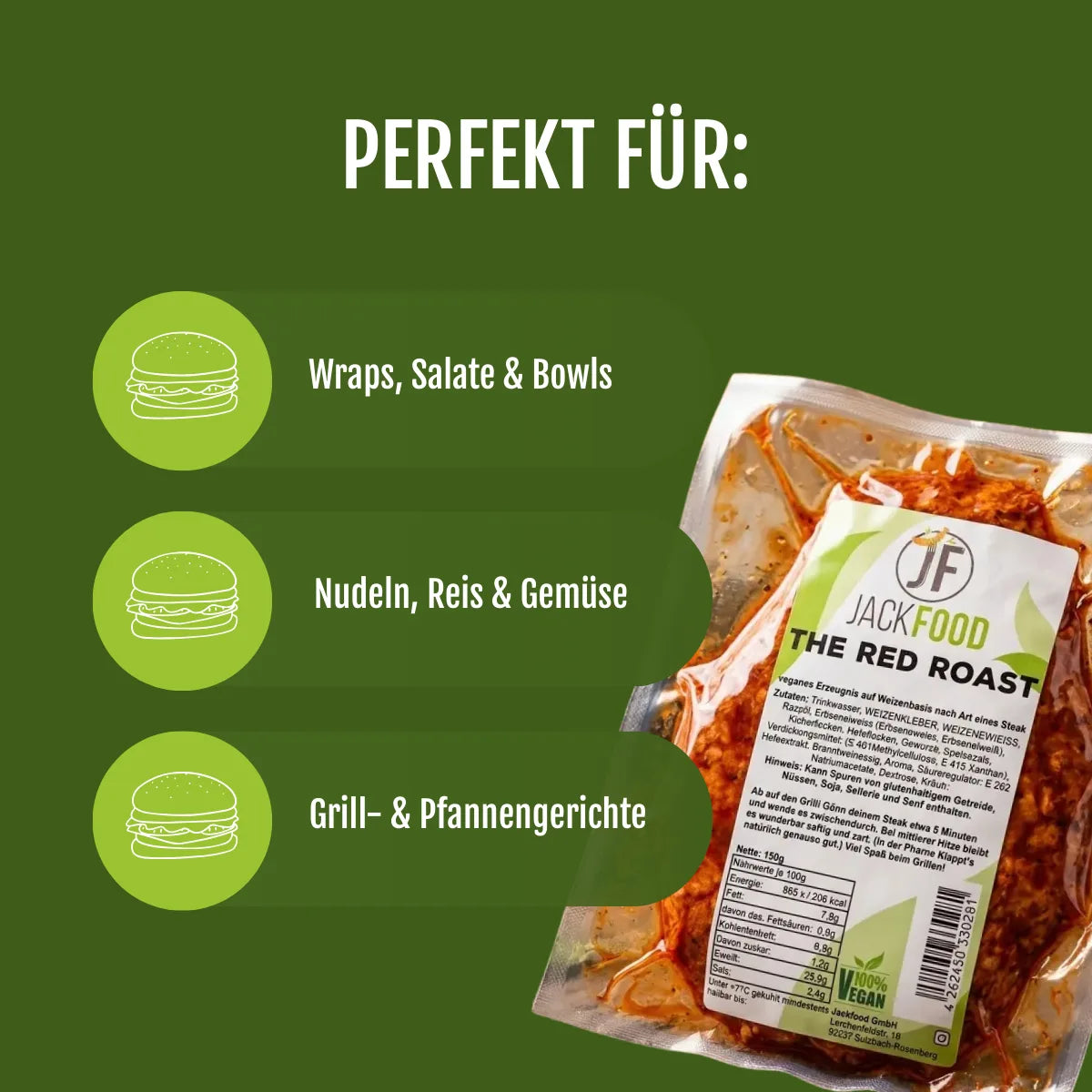 Verwendungsideen für JackFoods veganes Steak nach Hähnchen Art mit Paprika Geschmack.