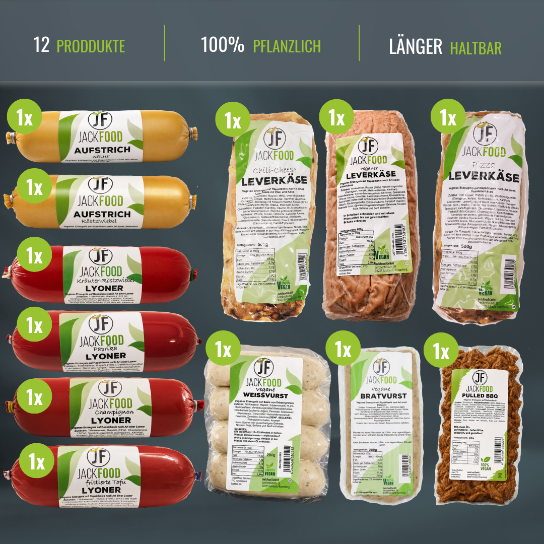 Das vegane Vorrats Paket von JackFood bestehend aus 12 Produkten. 4 Sorten Lyoner, 2 Sorten Aufstrich, 3 Sorten gebackener Leberkäs, Weißwürste, Bratwürste und Pulled BBQ.