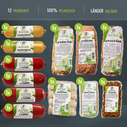 Das vegane Vorrats Paket von JackFood bestehend aus 12 Produkten. 4 Sorten Lyoner, 2 Sorten Aufstrich, 3 Sorten gebackener Leberkäs, Weißwürste, Bratwürste und Pulled BBQ.