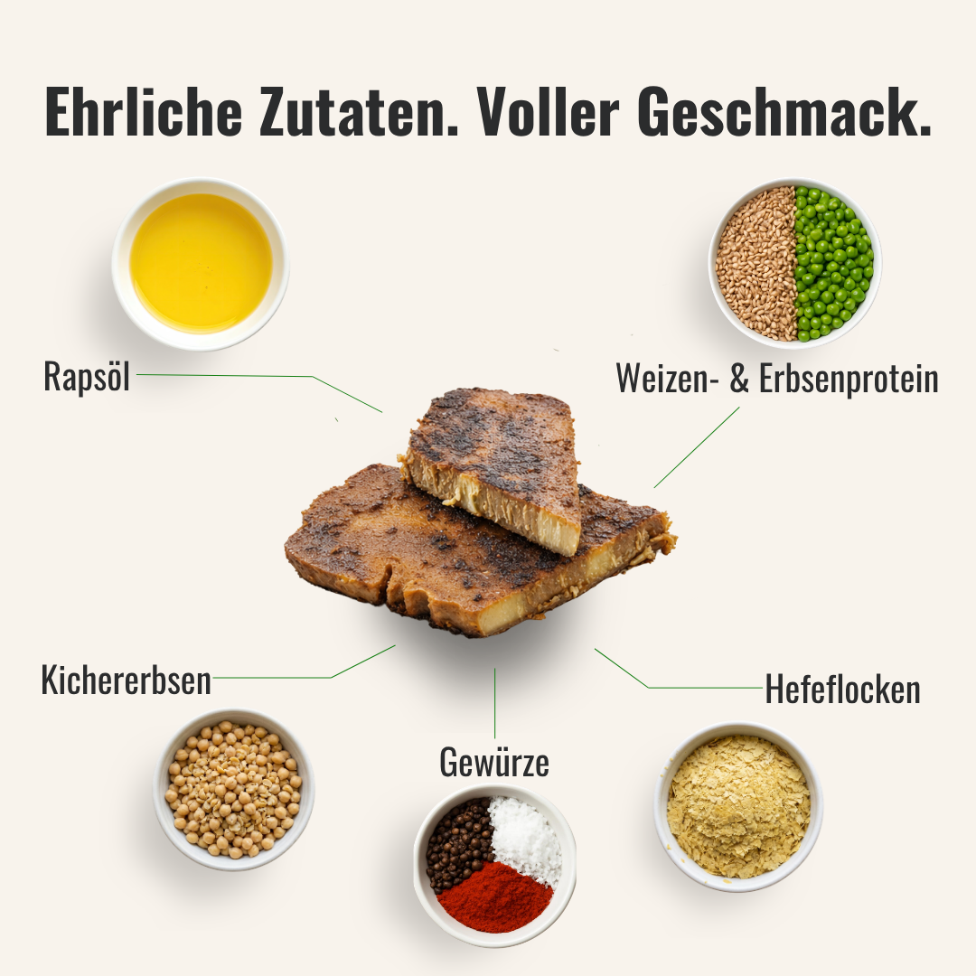 Eine Übersicht von Zutaten die im veganen Grillbauch sind, welcher in der Mitte liegt, verwendet werden.