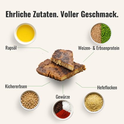 Eine Übersicht von Zutaten die im veganen Grillbauch sind, welcher in der Mitte liegt, verwendet werden.